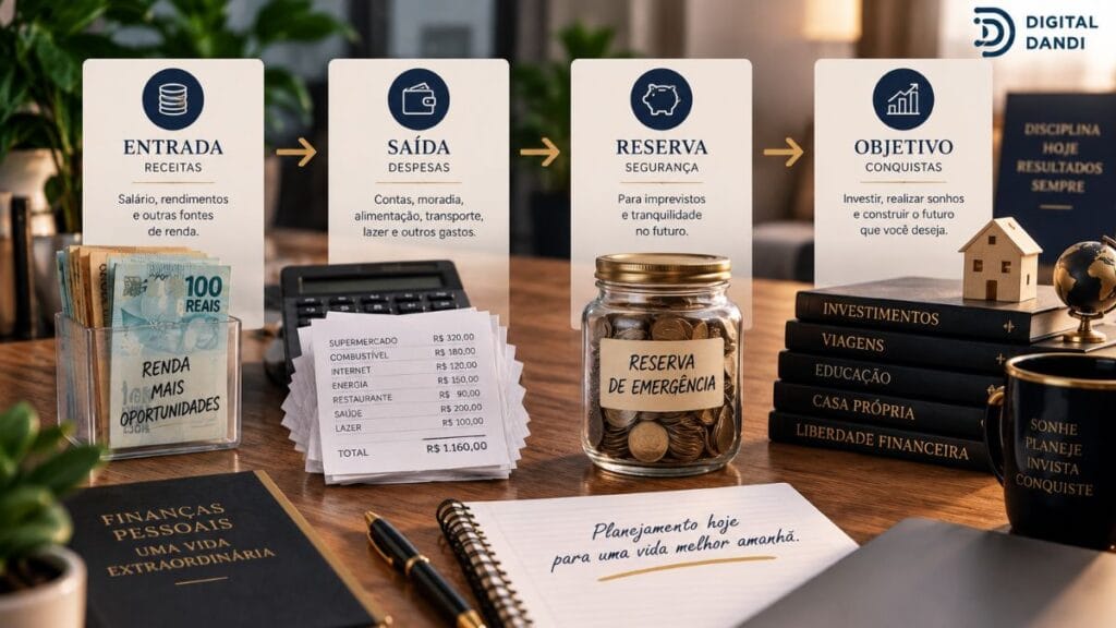 Organização financeira com controle de receitas despesas reserva e objetivos
