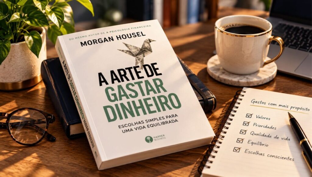 Livro A Arte de Gastar Dinheiro, de Morgan Housel, ao lado de um caderno com prioridades e escolhas conscientes de consumo.