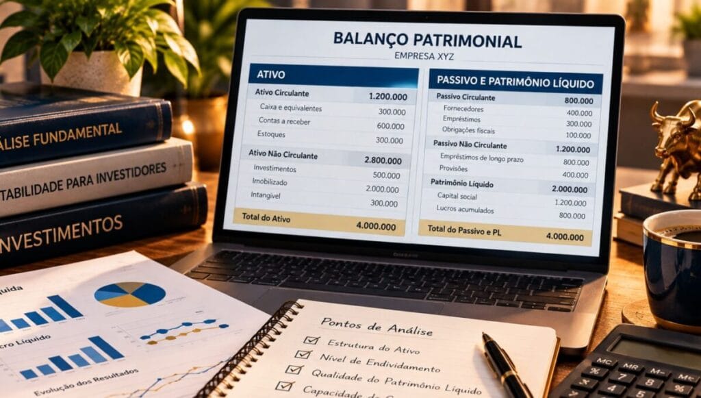 Exemplo de balanço patrimonial empresarial com ativos, passivos e patrimônio líquido, acompanhado de relatórios e ferramentas de análise financeira.