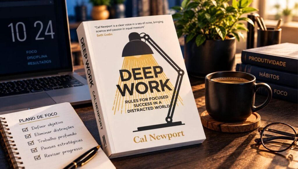 Livro Deep Work, de Cal Newport, em uma mesa de estudos com planejamento de foco, notebook e ambiente organizado para concentração.